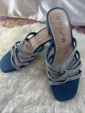 Unisa Denim Rhinestone Sandals Womens 7 Blue Block Heel Open Toe New